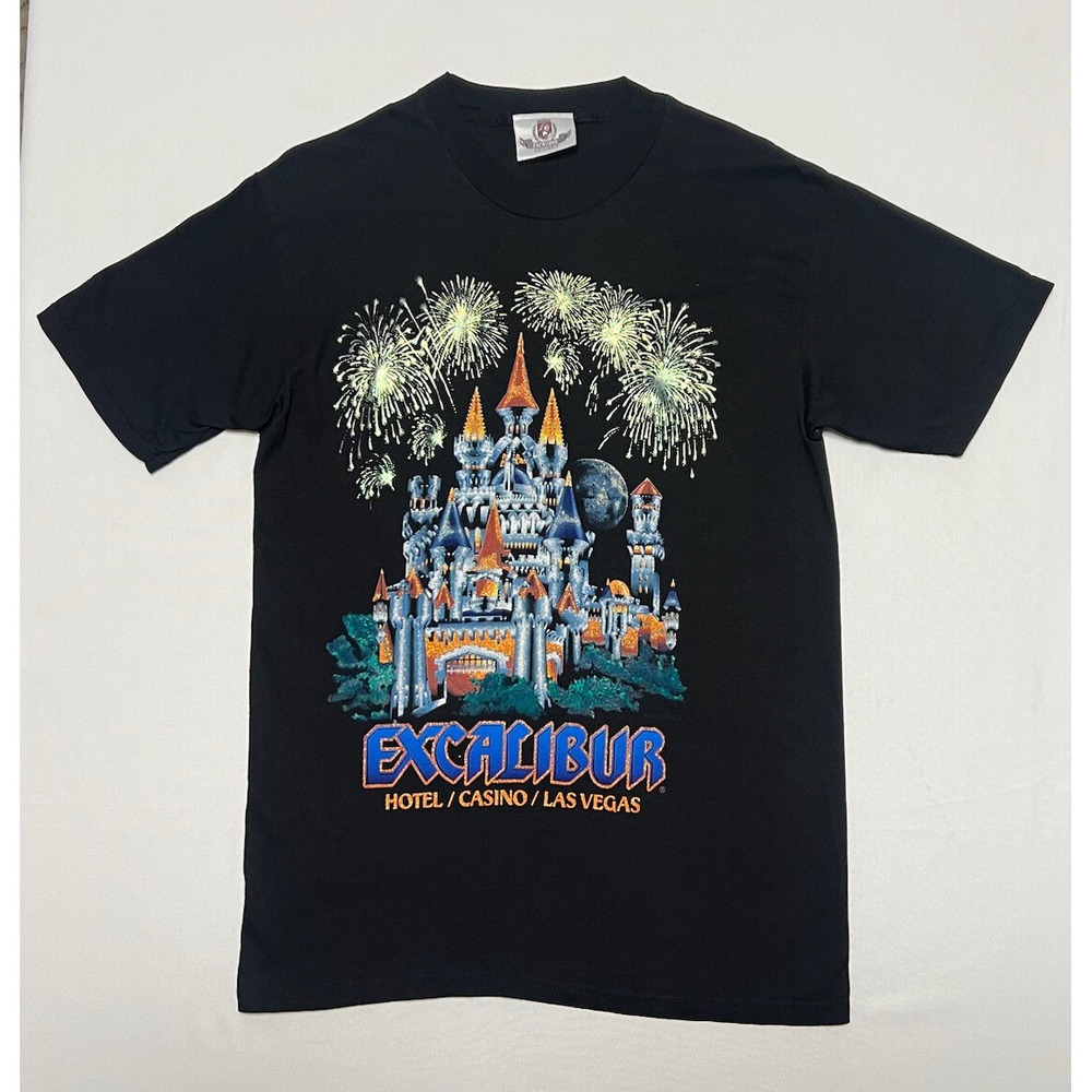 Vintage Excalibur Las Vegas‎ Hotel Tshirt Mens M 90s Castle Glitter Tee Black